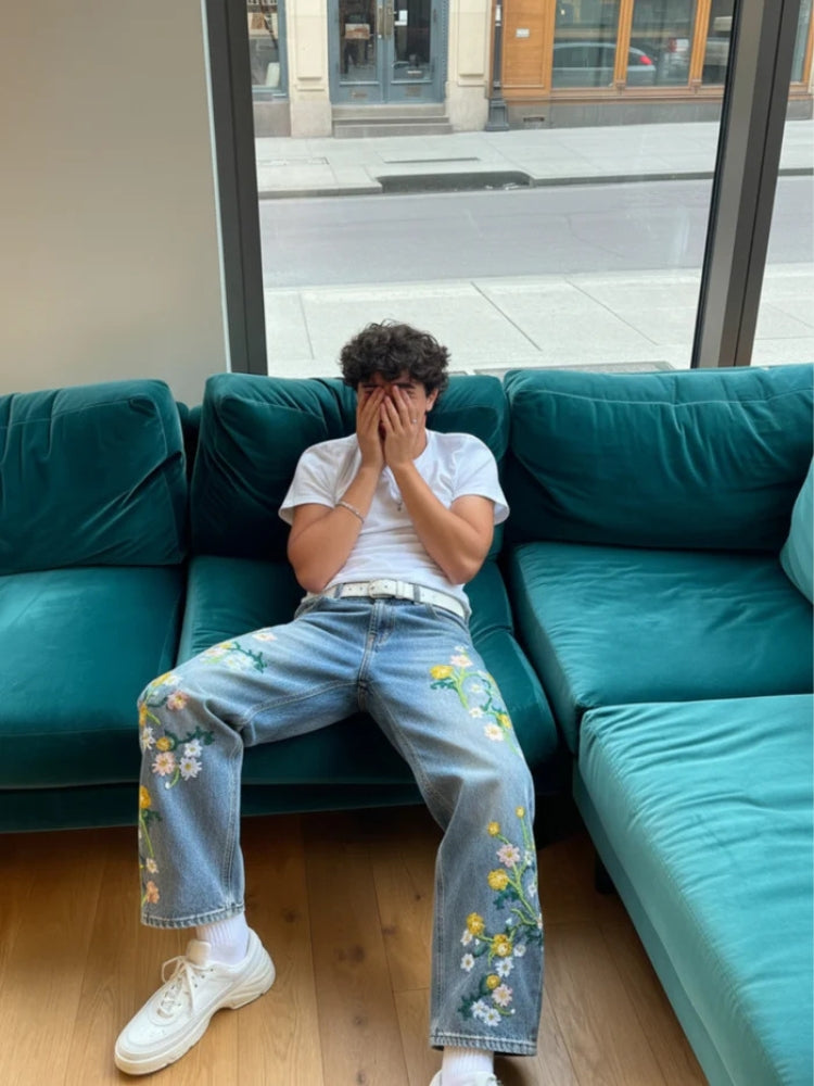 DCRB Baggy Washed Flower Denim Jeans