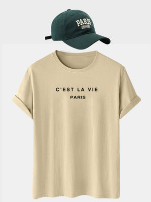 Sand-coloured shirt with green cap